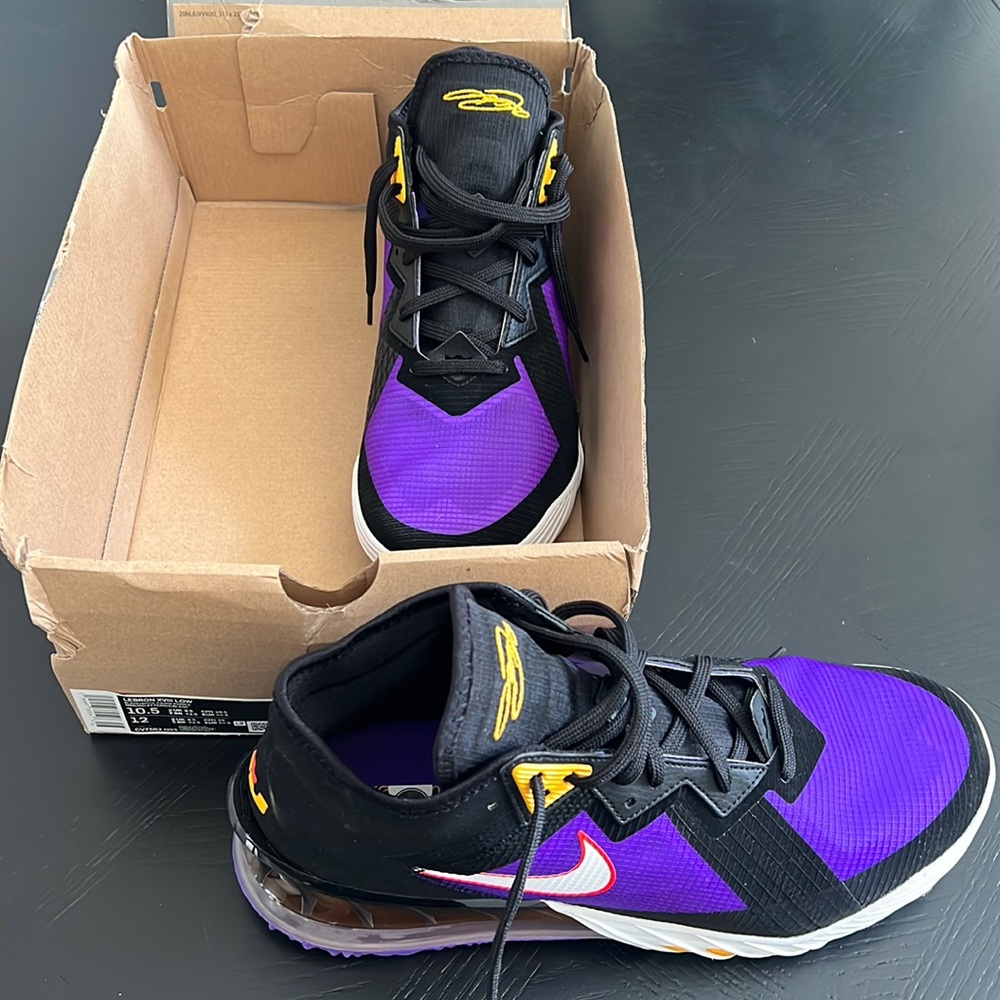 Lebron XVIII low men’s size 10.5 fierce purple and black and gold. Brand new